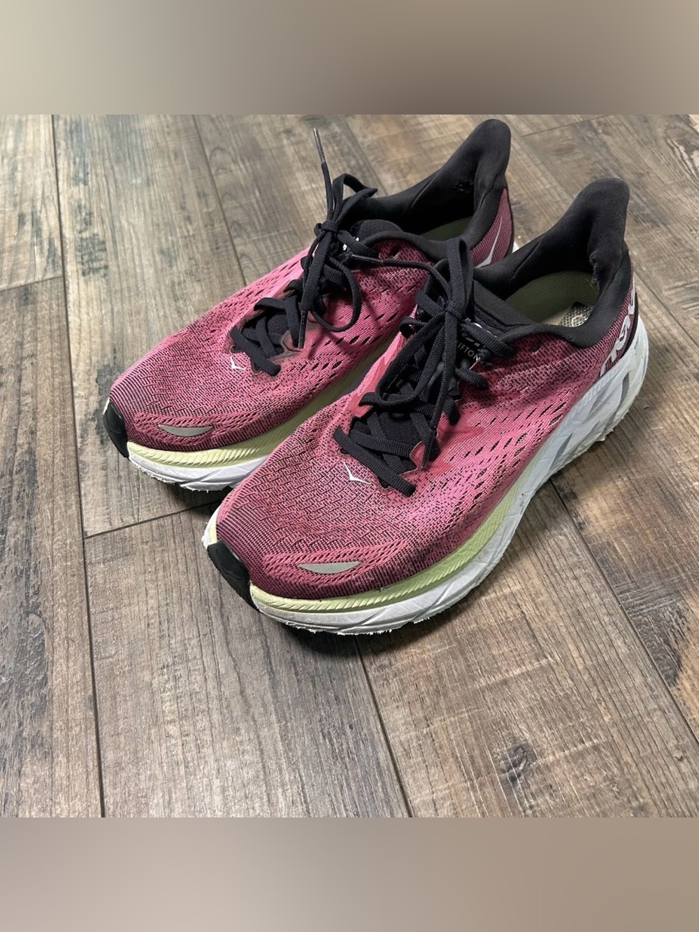 Hoka One One Clifton 8 Athletic Shoes Women's 9 D Pink w/ Black & White Running